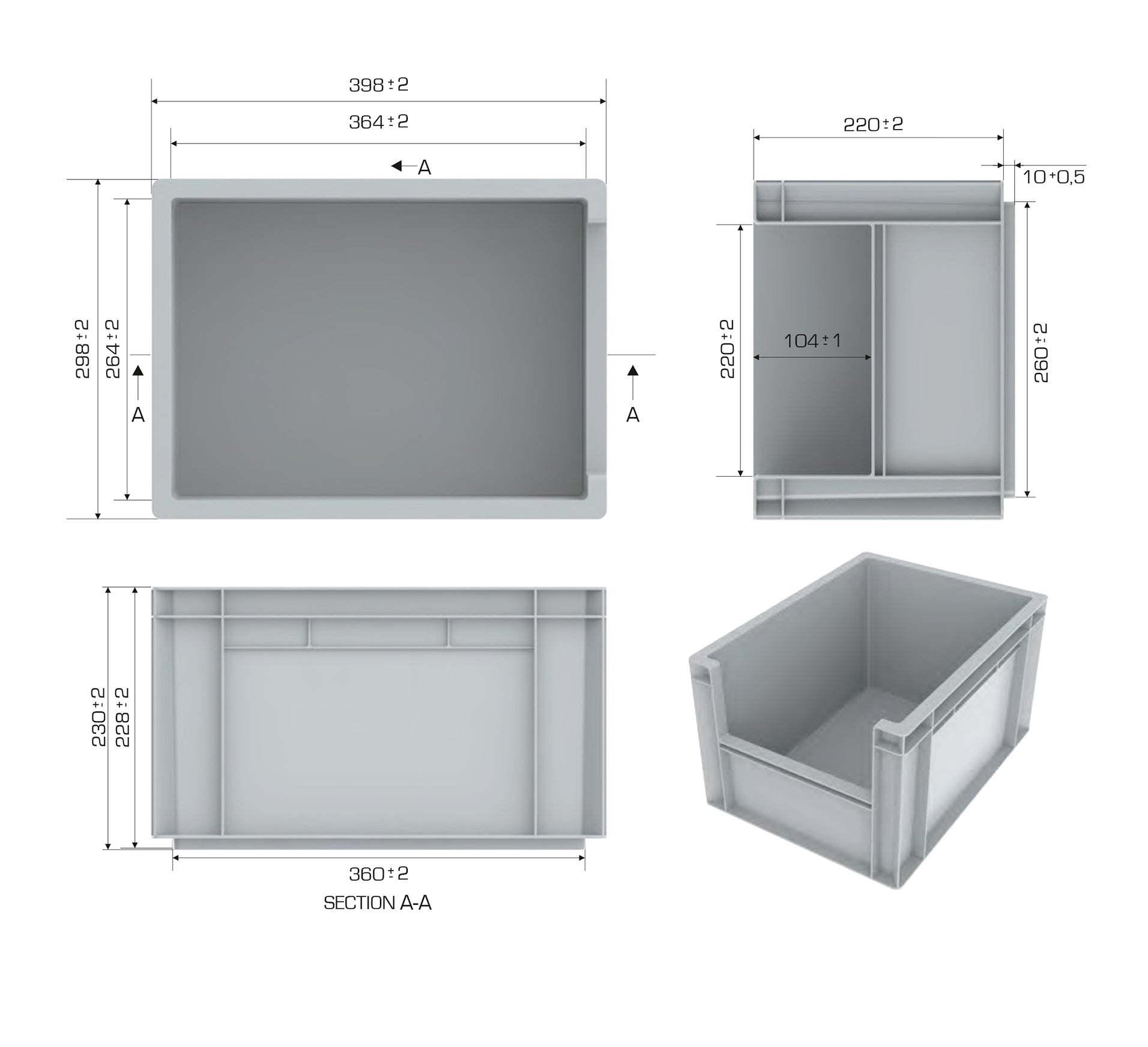 Euro Stack Box, 20 Litre, Heavy Duty Plastic Storage Container, Pick Box, Grey, Diemnsions