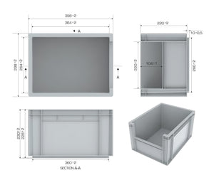 Euro Stack Box, 20 Litre, Heavy Duty Plastic Storage Container, Pick Box, Grey, Diemnsions
