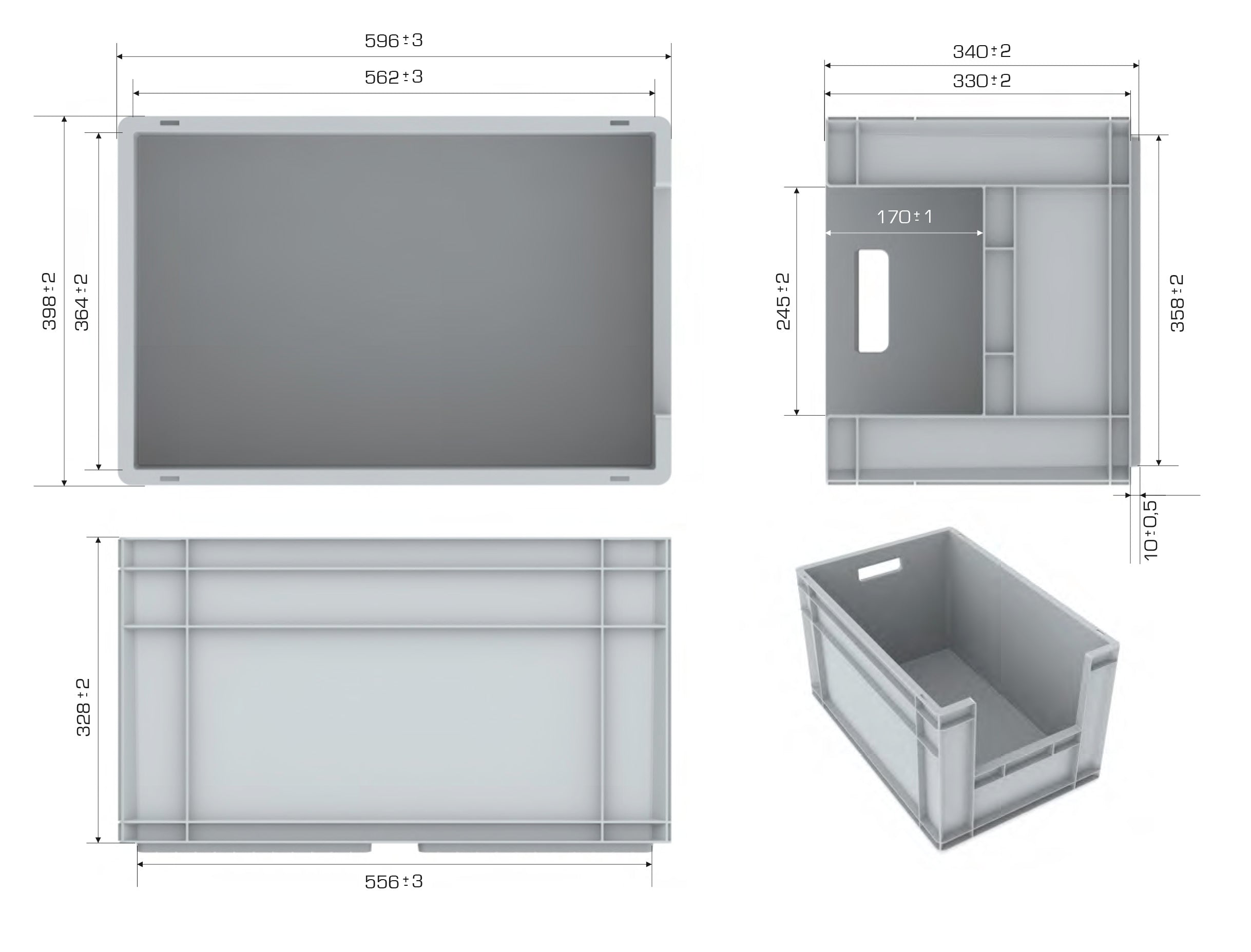 Euro Stack Box, 63 Litre, Heavy Duty Plastic Storage Container, Pick Box, Grey, Dimensions