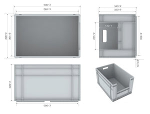 Euro Stack Box, 63 Litre, Heavy Duty Plastic Storage Container, Pick Box, Grey, Dimensions