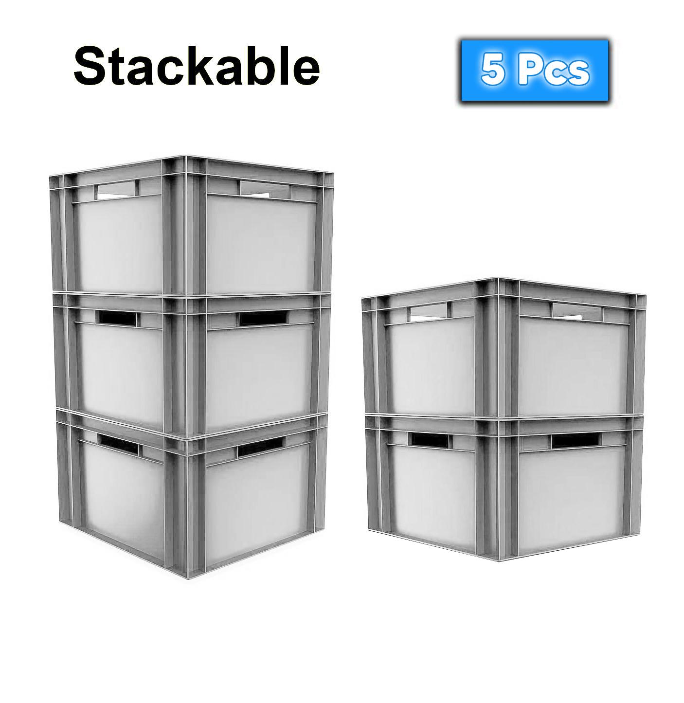 5x 20 Litre Stacking Storage Boxes, Plastic Storage Container, 400x300x230(h) mm