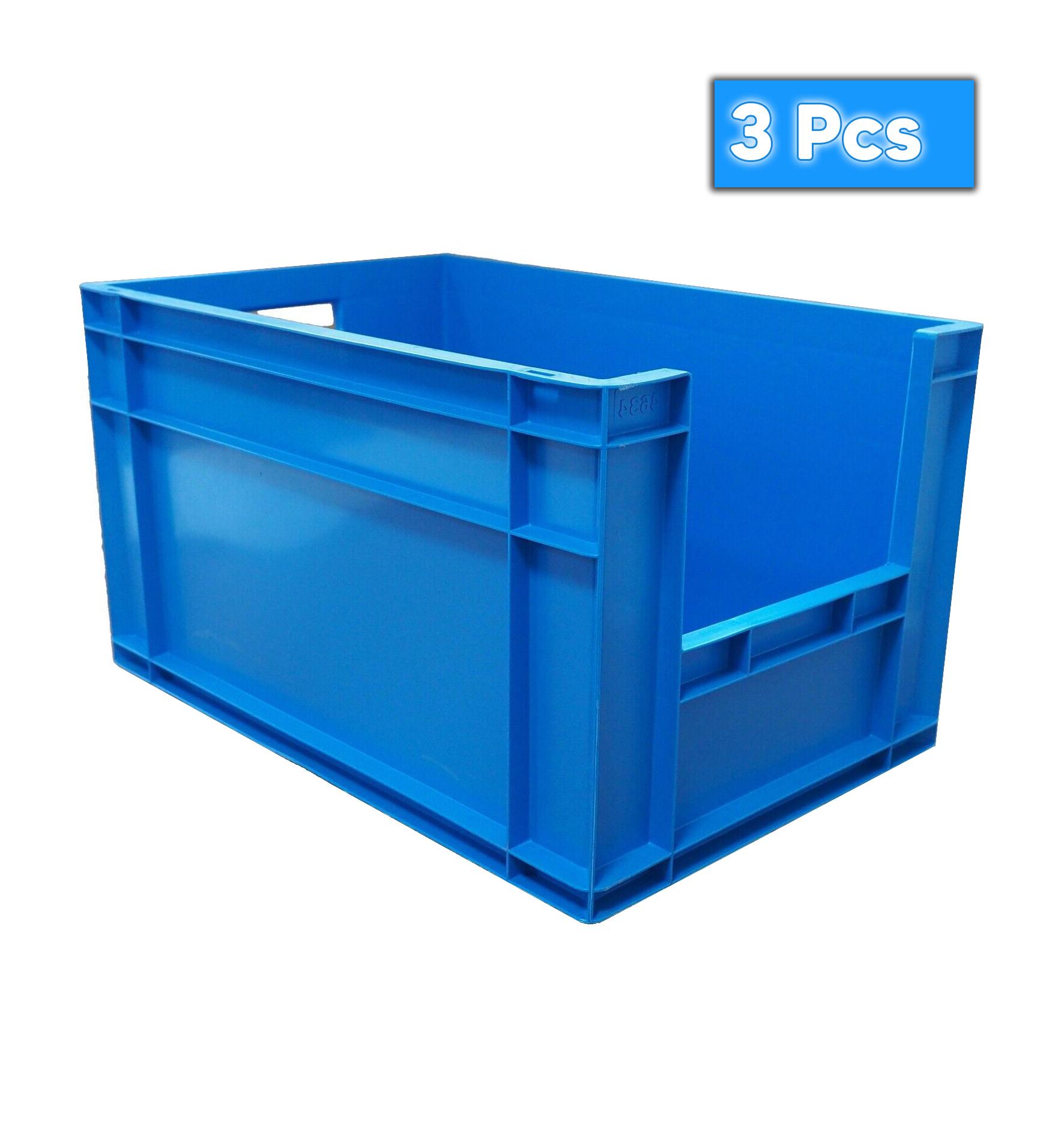 3x 63 Litre Stacking Storage Box, Heavy Duty Plastic Container, Pick Box, 600x400x340(h) mm