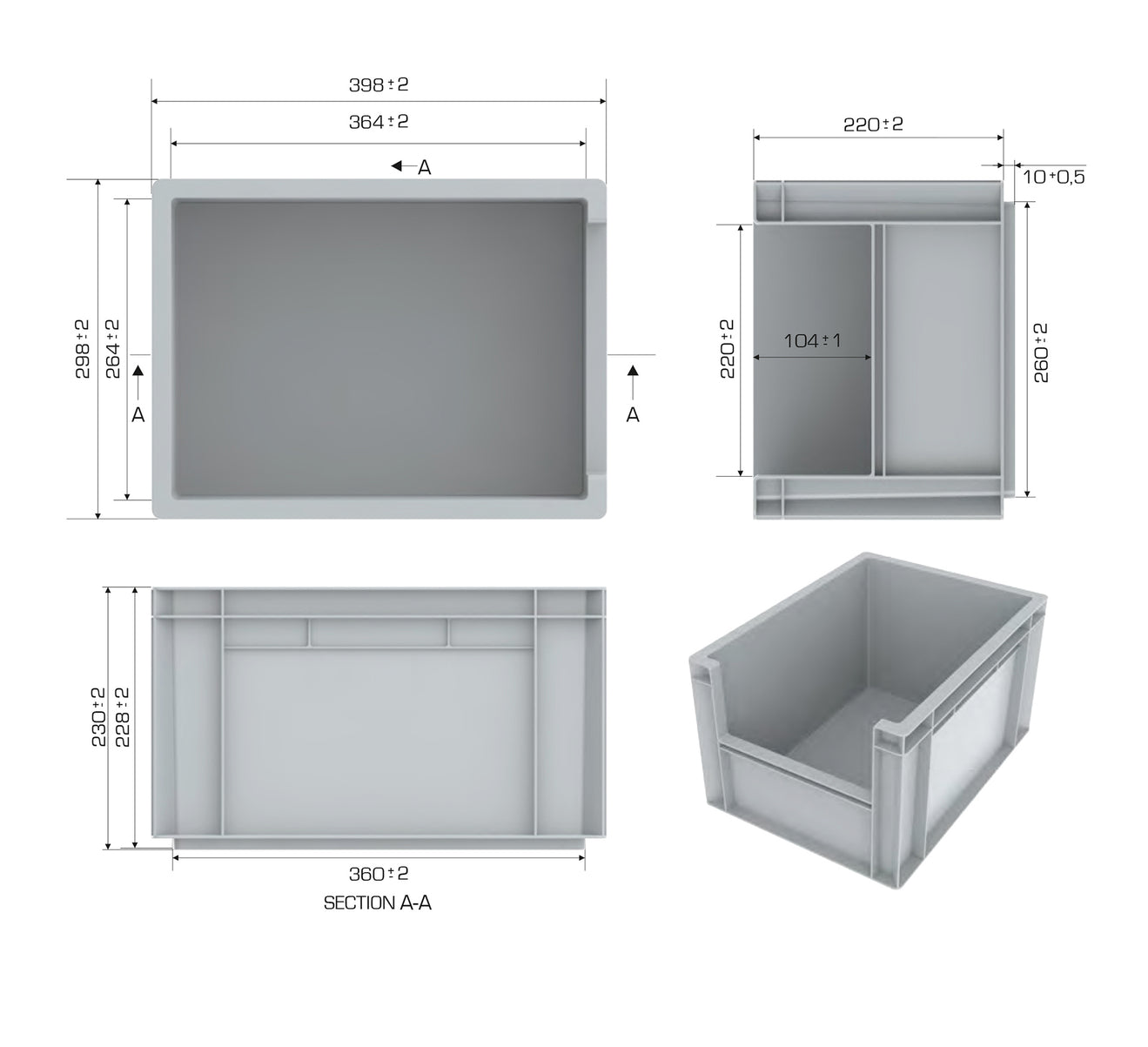 Euro Stack Box, 20 Litre, Heavy Duty Plastic Storage Container, Pick Box, Grey, Diemnsions