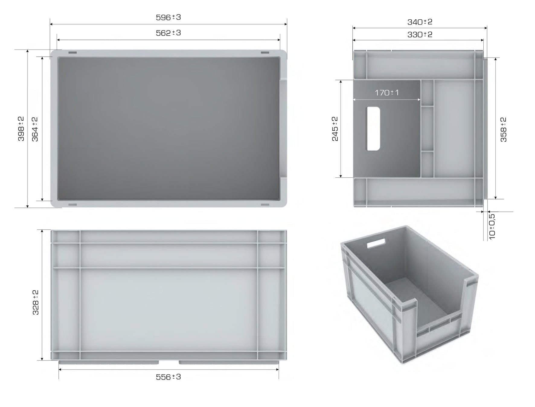Euro Stack Box, 63 Litre, Heavy Duty Plastic Storage Container, Pick Box, Grey, Dimensions