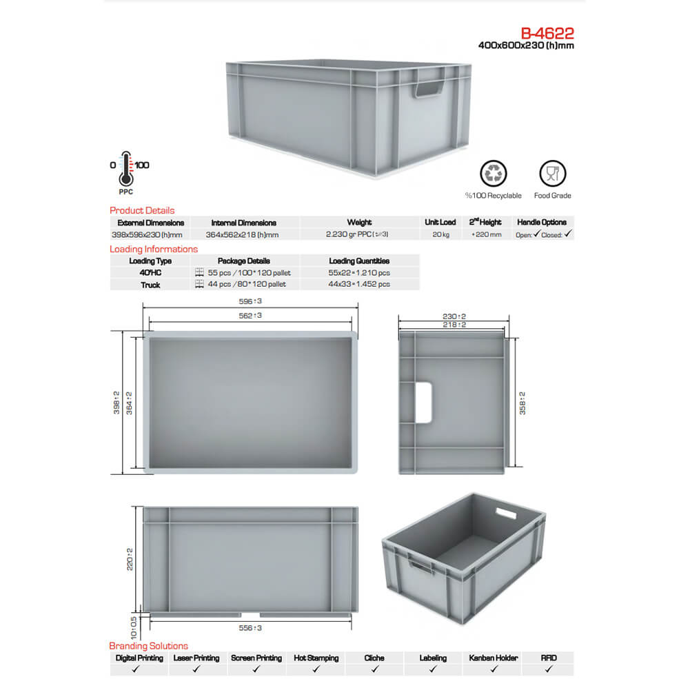 Euro Stack Box, 45 Litre, Dimensions